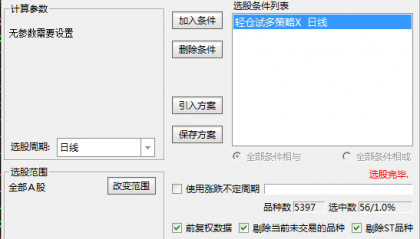 【轻仓试多策略】主图/副图/选股指标 多个条件组合筛选潜在强势股 结合大盘环境轻仓试多