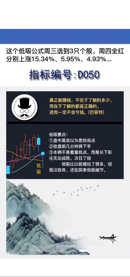 D050低吸次日了结战法:这个低吸公式周三选到3只个股，周四全红分别上涨15.34%、5.95%、4.93%...