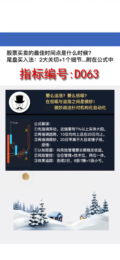 D063异动趋势微妙战法:股票买卖的最佳时间点是什么时候? 尾盘买入法,2大关切+1个细节...附在公式中!