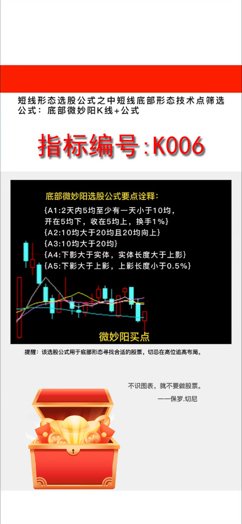 K006底部微妙阳战法：短线形态选股公式之中短线底部形态技术点筛选公式……附选股公式