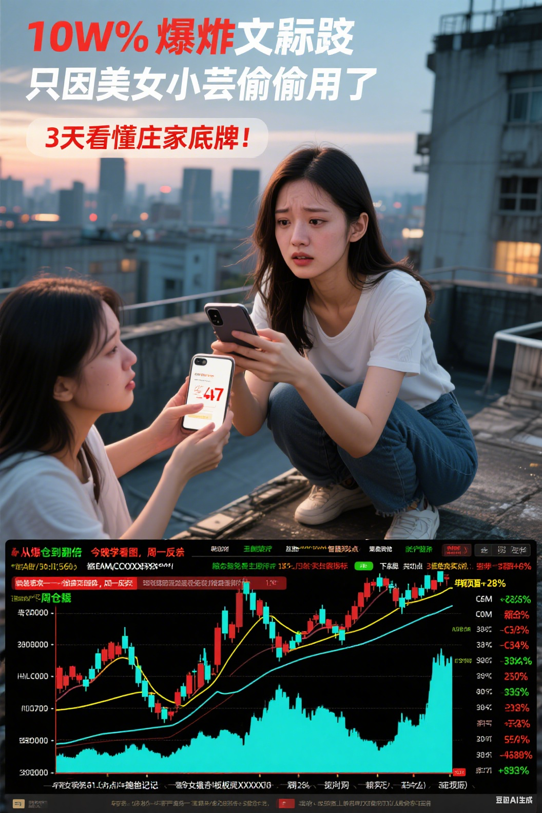 【10w+爆文标题】 “从爆仓到翻倍，只因美女小芸偷偷用了这套免费主图指标，3天看懂庄家底牌！”