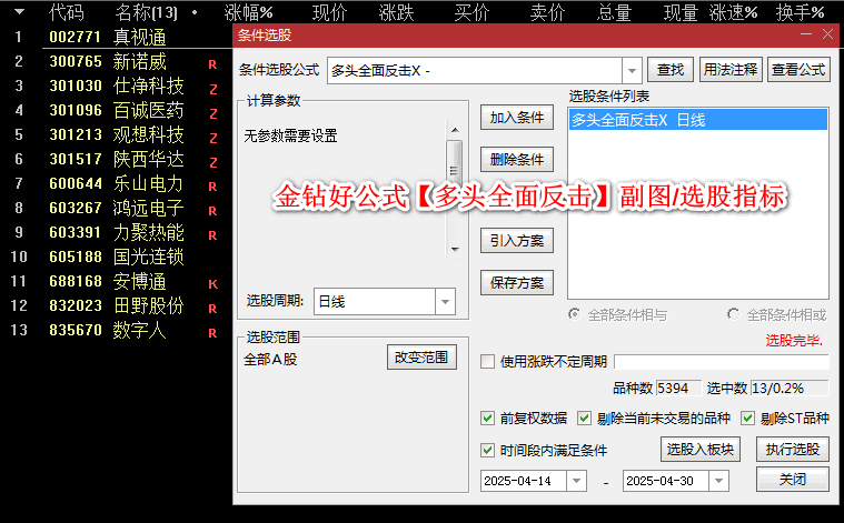 金钻好公式【多头全面反击】副图/选股指标，多头力量在短期调整后发起全面反击的关键转折点！