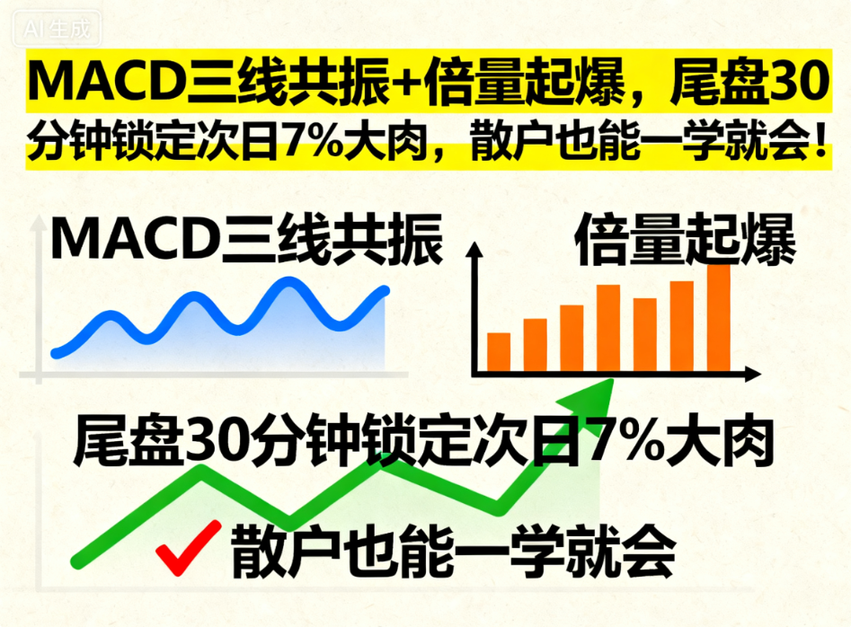 MACD三线共振+倍量起爆，尾盘30分钟锁定次日7%大肉，散户也能一学就会！