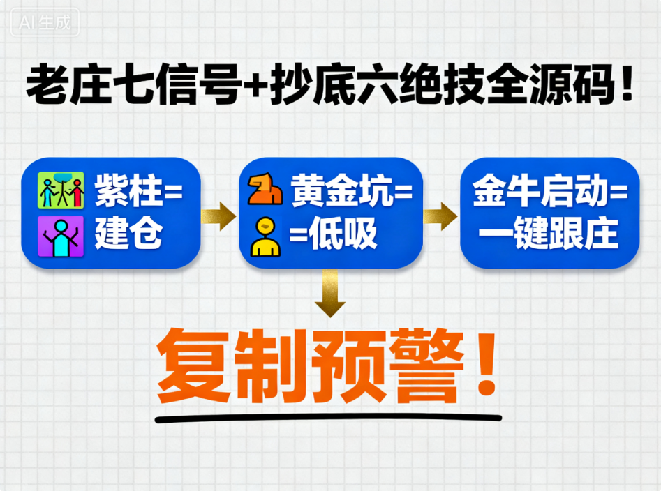 "老庄七信号+抄底六绝技"全源码！紫柱=建仓，黄金坑=低吸，金牛启动=一键跟庄，复制预警！