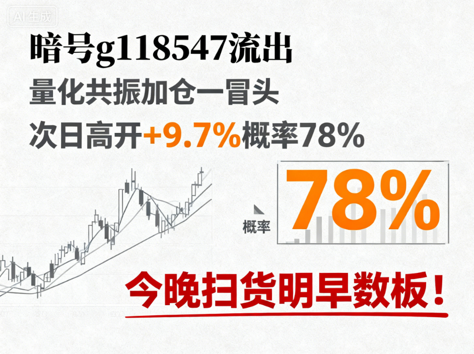 暗号g118547流出：量化共振加仓一冒头，次日高开+9.7%概率78%，今晚扫货明早数板！