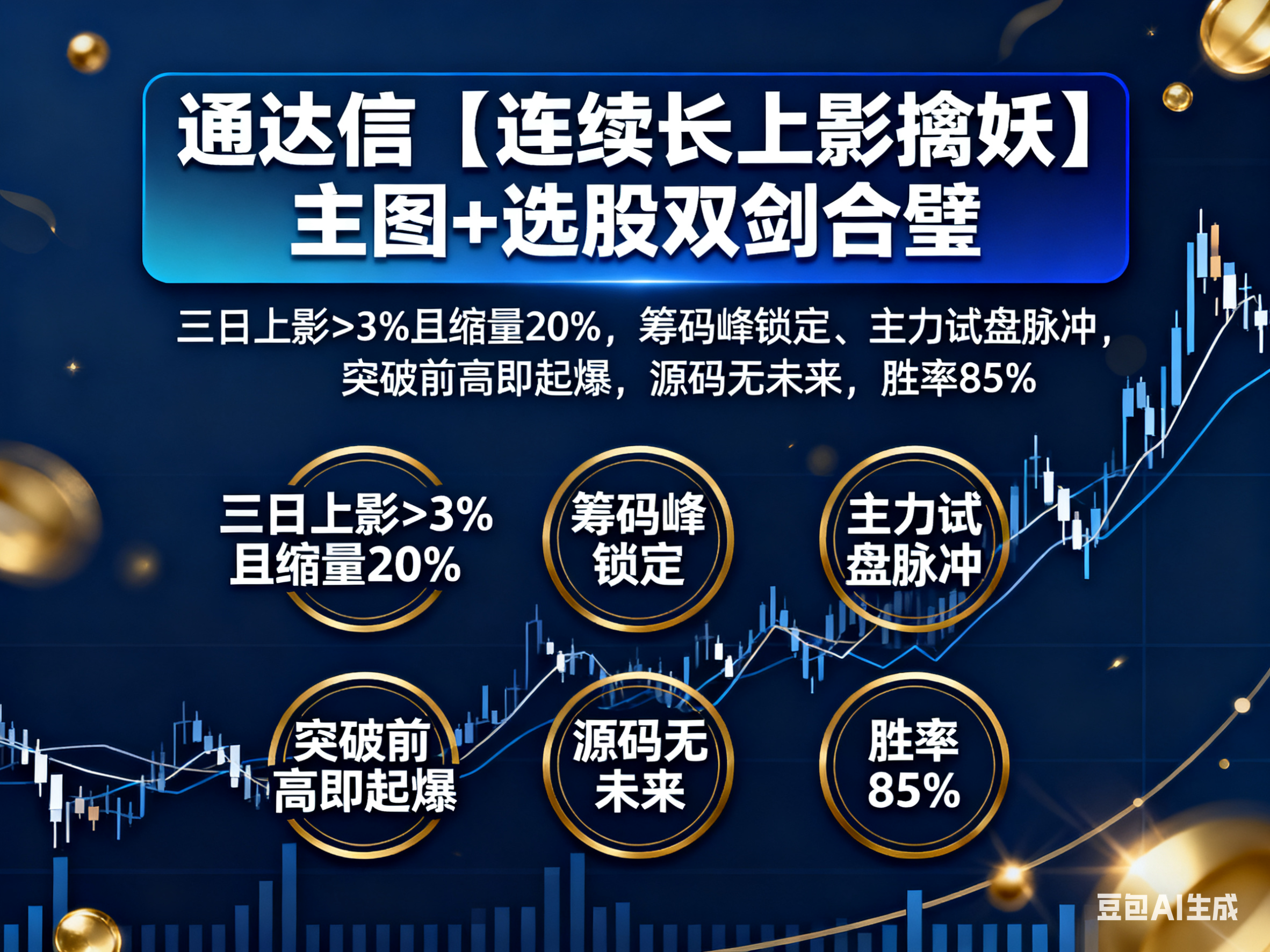 通达信【连续长上影擒妖】主图+选股双剑合璧：三日上影>3%且缩量20%，筹码峰锁定、主力试盘脉冲，突破前高即起爆，源码无未来，胜率85%！