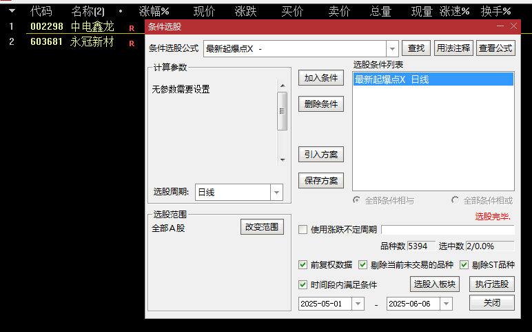 通达信【最新起爆点】副图/选股指标，量化选中电鑫龙和永冠新材两个票，都是连板！