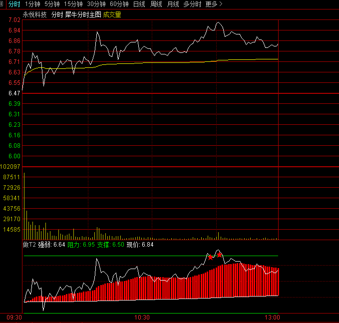 【做T2】分时副图/选股指标，支撑位买入需配合成交量等确认，阻力位卖出可考虑分批操作！