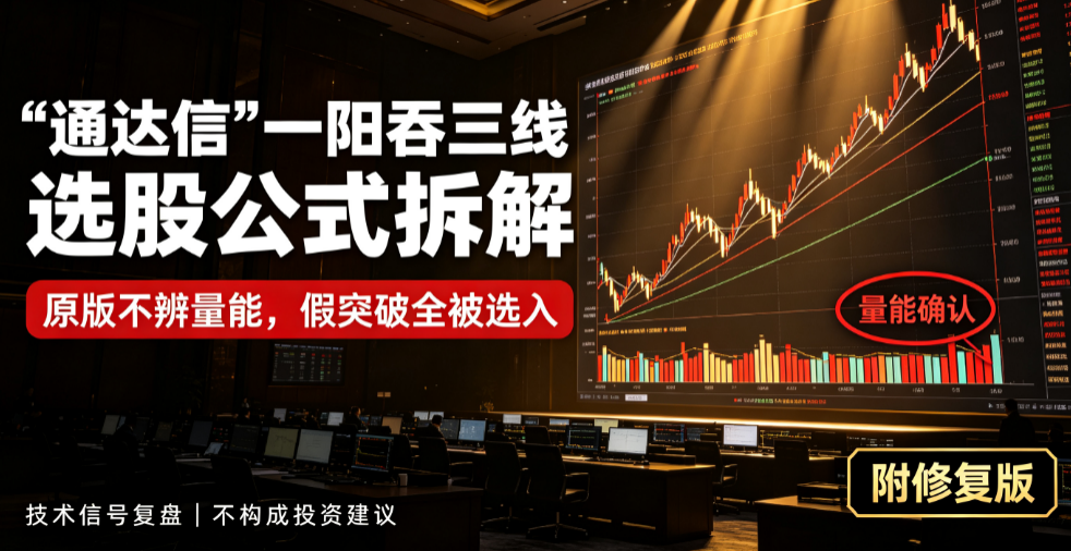 通达信"一阳吞三线"选股公式拆解：原版不辨量能，假突破全被选入（附修复版）