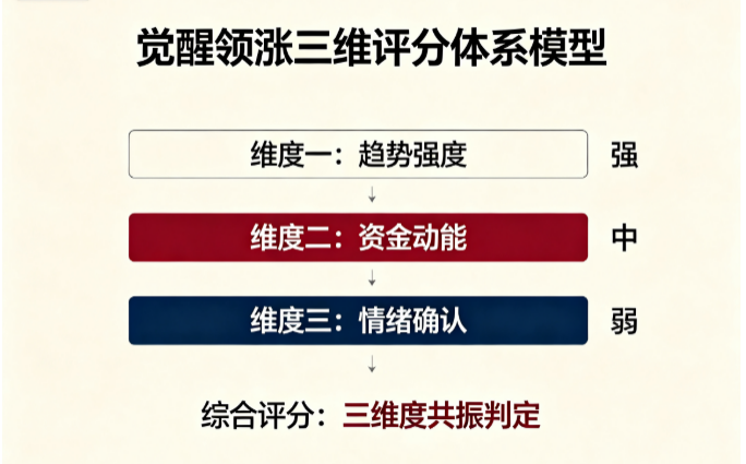 觉醒领涨三维评分体系模型：趋势强度+资金参与+位置高低三维度独立打分综合确认工具