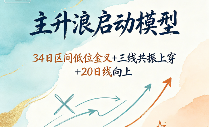 主升浪启动模型：34日区间低位金叉+三线共振上穿+20日线向上，它帮你卡在主升浪的启动点