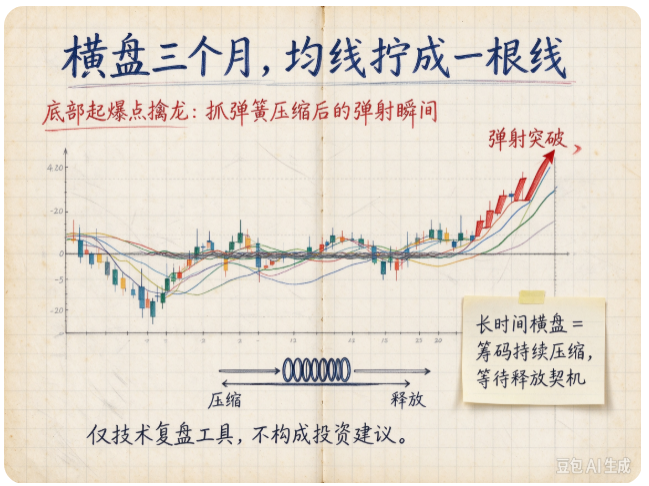 别人看均线粘合就烦，你看C>REF(H,1)是否出现。「底部起爆点擒龙」把底部起爆写成数学公式，真假突破一眼分清