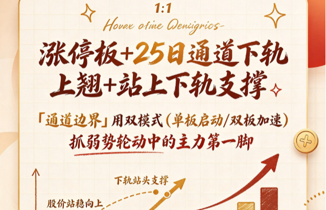 涨停板+25日通道下轨上翘+站上下轨支撑——「通道边界」用双模式（单板启动/双板加速）抓弱势轮动中的主力第一脚
